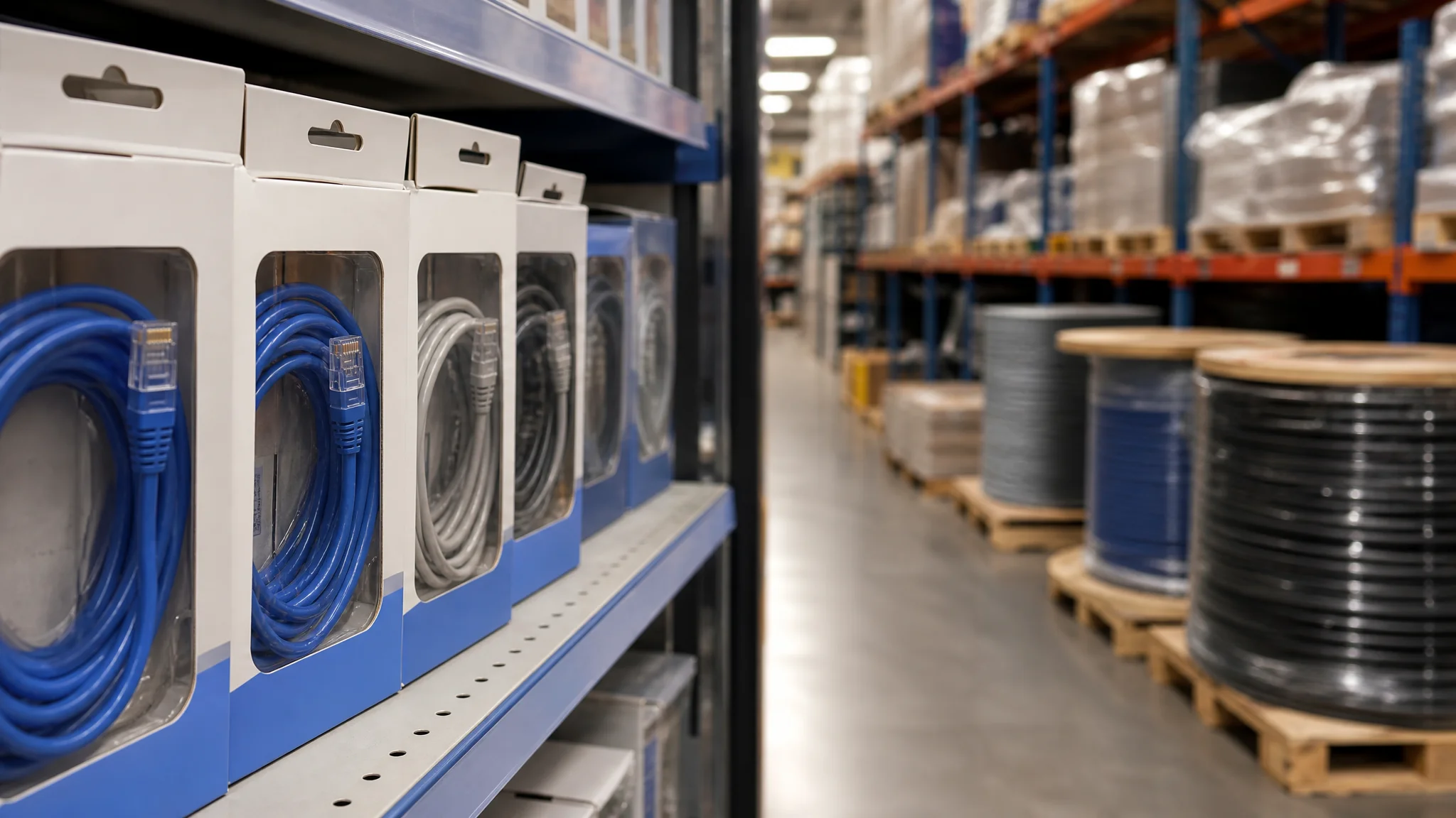 Retail cable shelf in the foreground with a warehouse of cable reels behind