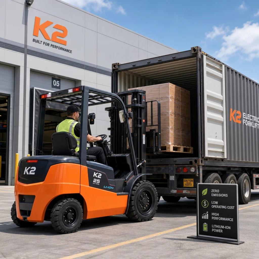 K2-series lithium-ion electric counterbalance forklift loading cargo into a shipping container