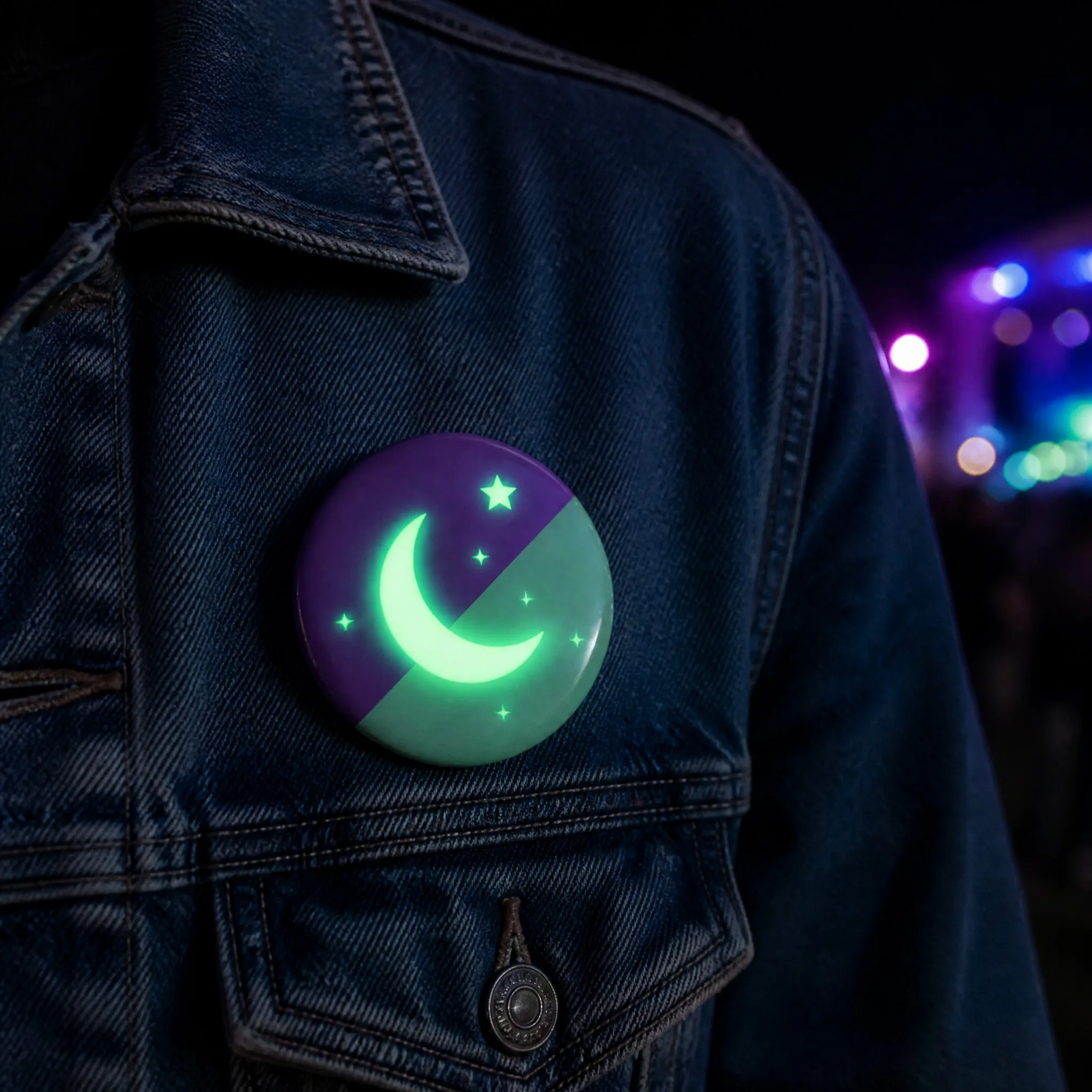 Glow in the dark magnetic button badge worn on denim jacket