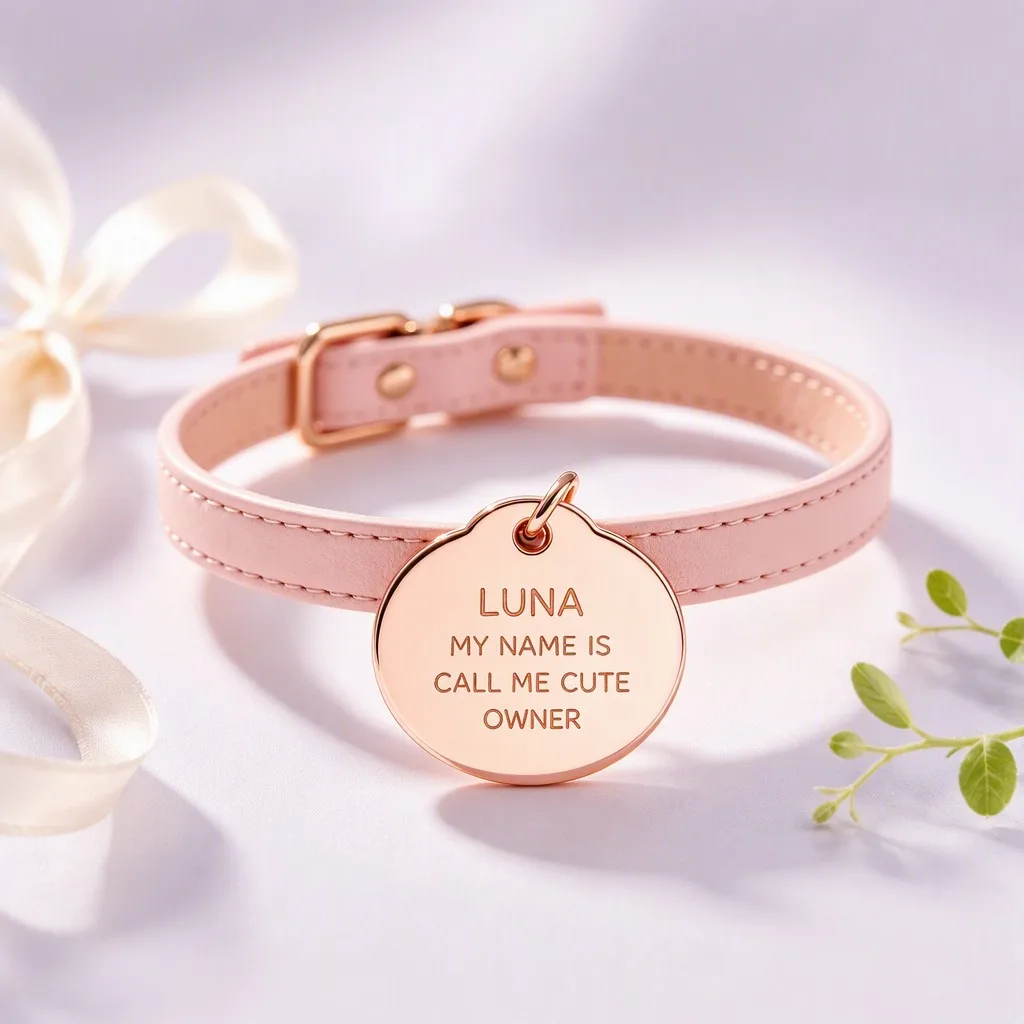 Rose gold round pet ID tag on pink collar, lavender backdrop