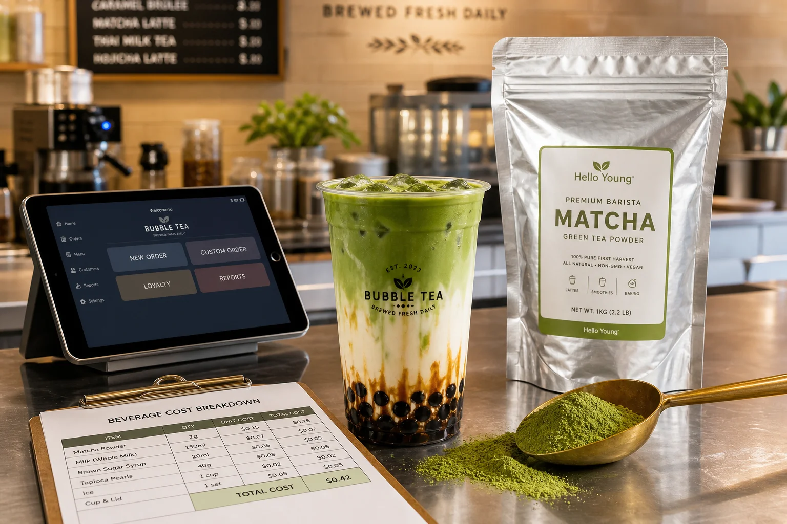 Operational boba tea shop counter with layered iced matcha boba latte, cost breakdown spreadsheet, and bulk 1kg matcha foil pack