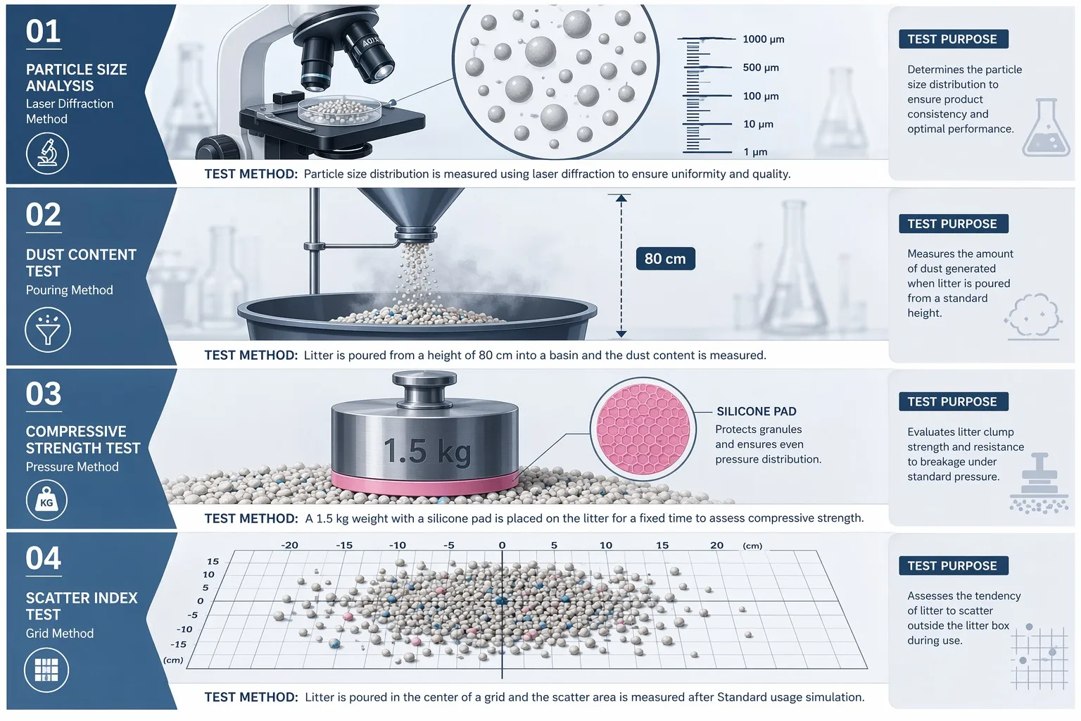 Four cat litter test methods: microscope particle analysis, dust pour test, paw pad adhesion test, walk-out area measurement