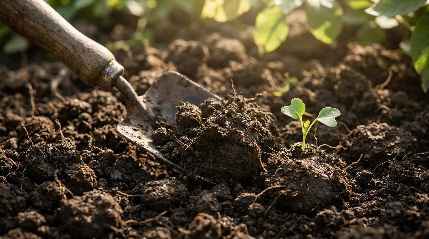 Rich garden soil with seedling sprouting
