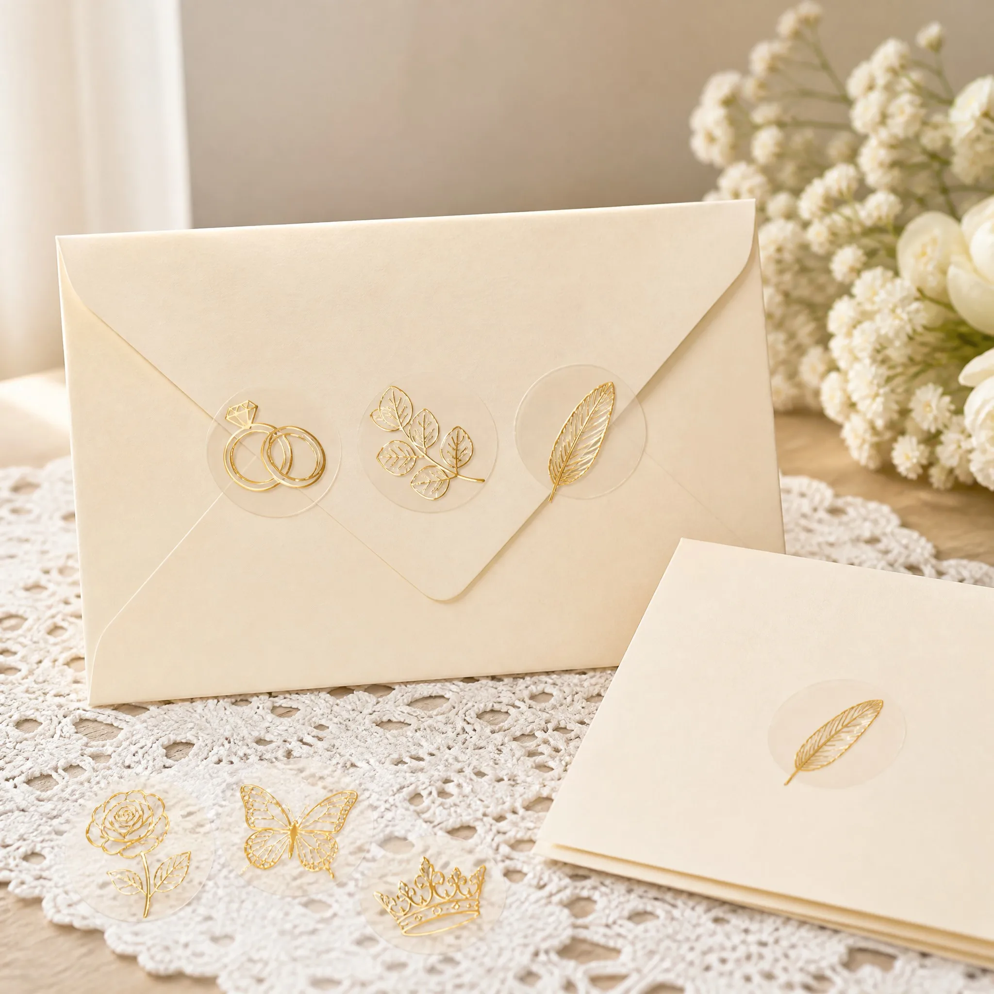 Gold foil stickers on a cream wedding invitation envelope and card