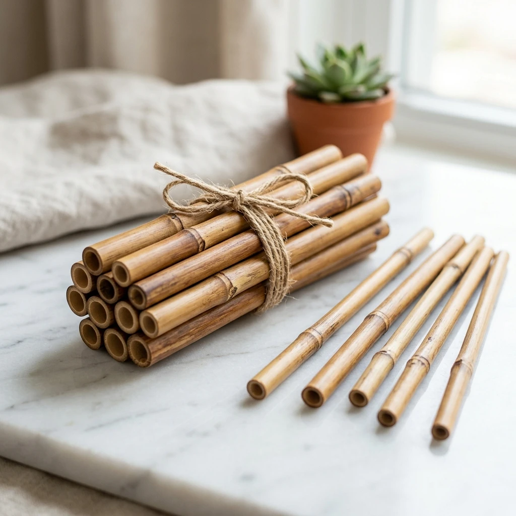 Decorative organic bamboo straws bundle tied with twine on marble surface showing natural nodes and bamboo grain