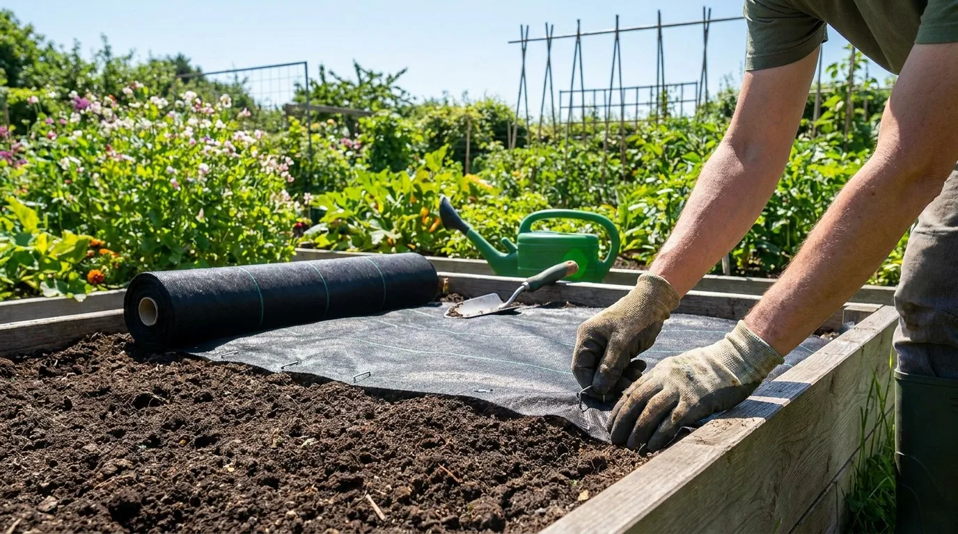 Installing weed barrier fabric in a raised garden bed