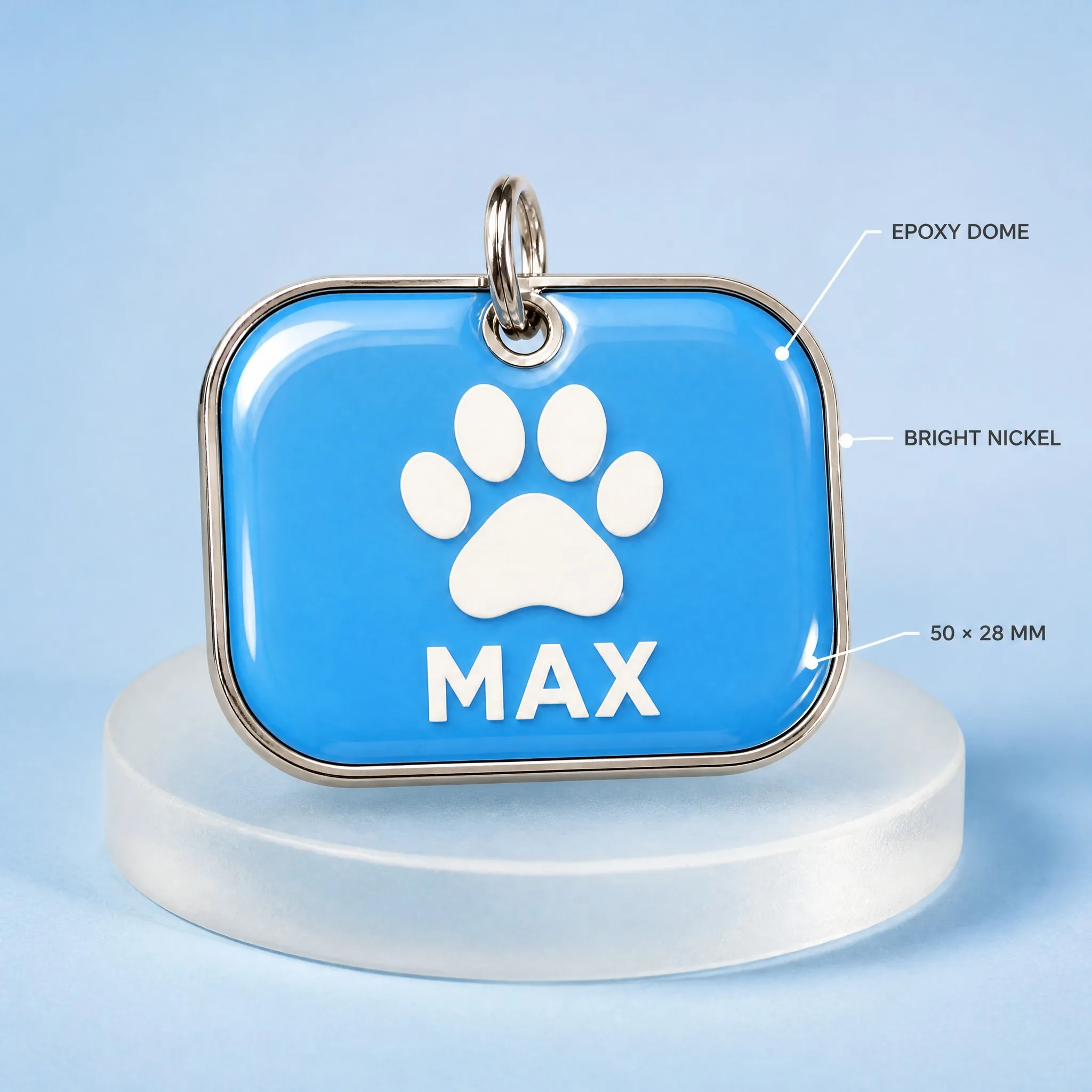 Macro detail of the glossy epoxy dome on the dog tag