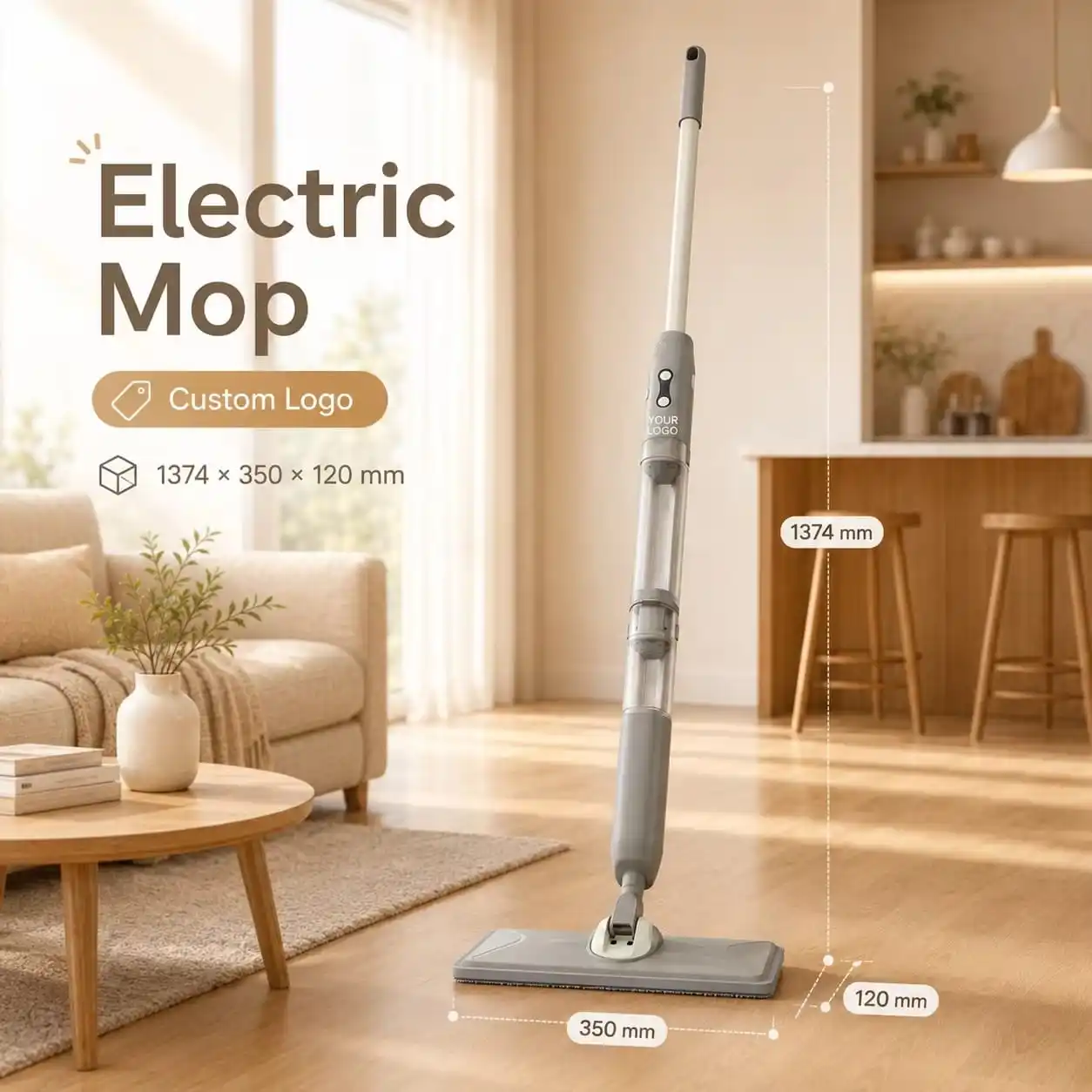 T8 electric mop dimension diagram showing 1374 mm height, 350 mm width and 120 mm base height