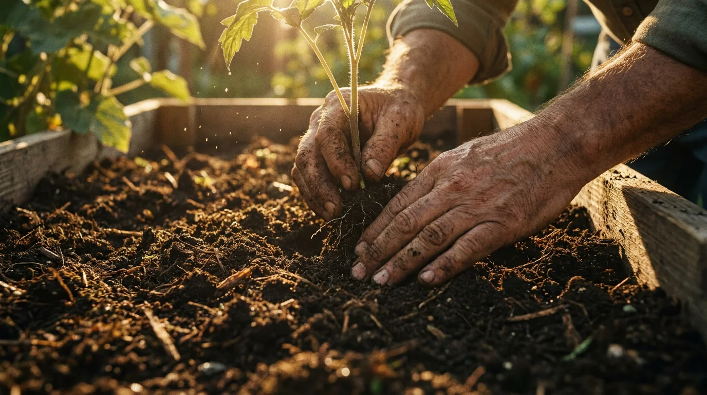 Hands planting seedlings into dark garden soil