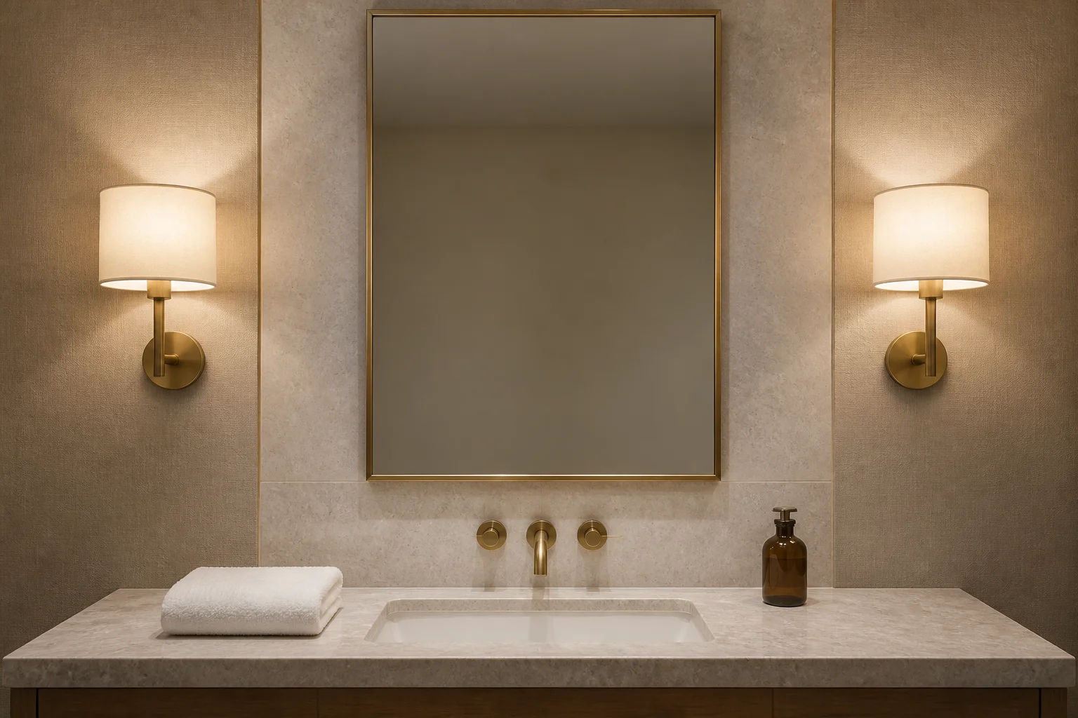 Two brass wall sconces with fabric shades flanking a hotel bathroom mirror above a stone vanity counter