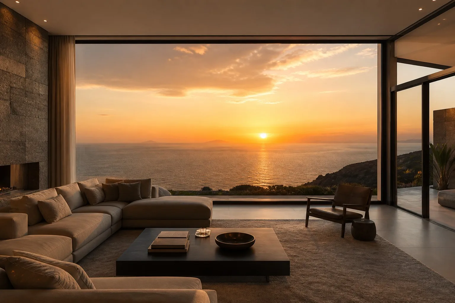 Luxury villa living room with panoramic aluminum picture window framing ocean sunset view