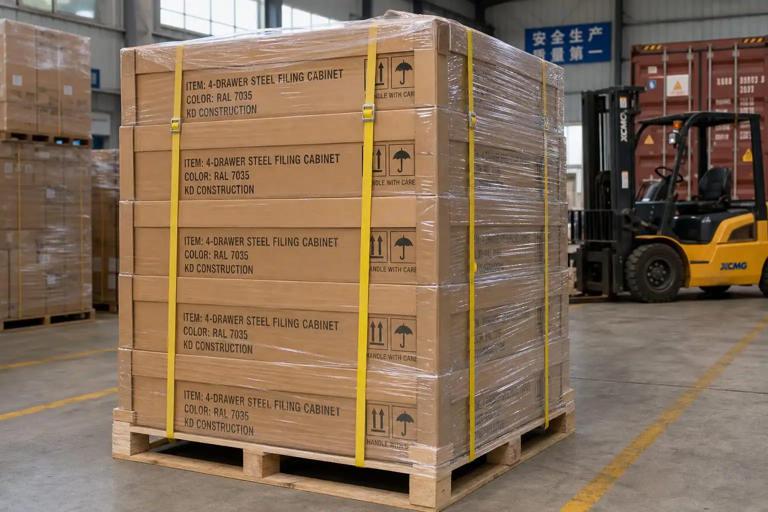 knock-down flat pack cartons of 4-drawer filing cabinet stacked on shipping pallets in factory warehouse
