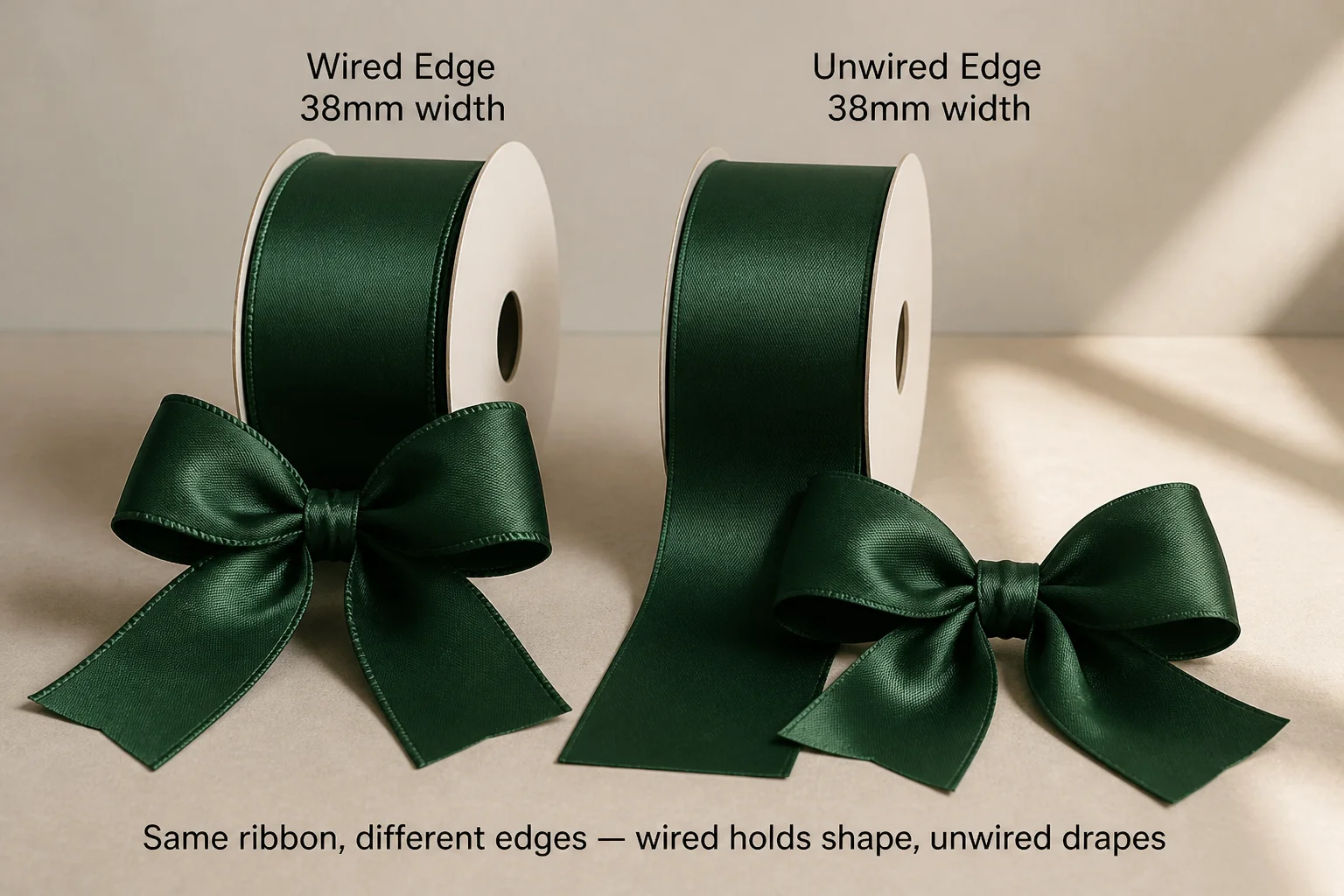 Side-by-side comparison of wired and unwired satin ribbon with finished bows showing the structural difference