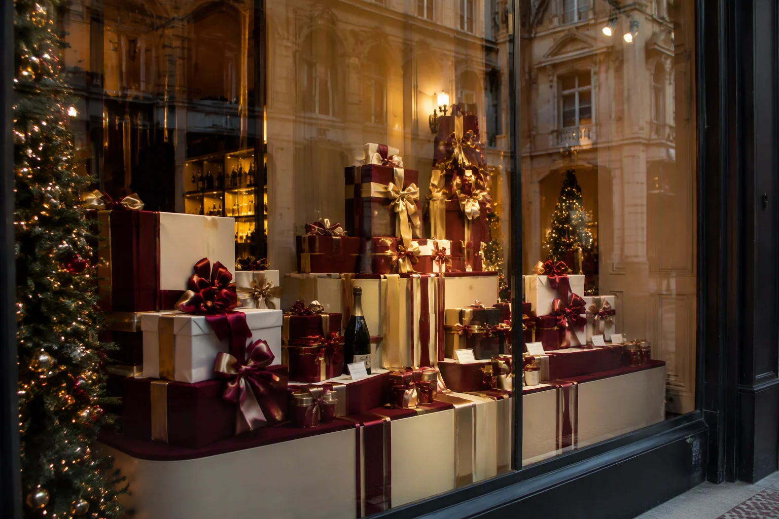 Documentary B2B product application photo high-end retail window display Christmas multiple product packages tied coordinated deep red satin gold grosgrain ribbons different widths ribbon central decorative element display window dressed premium retailer gift boxes ribbon bows seasonal decoration documentary street-level exterior photograph looking in through window warm retail lighting