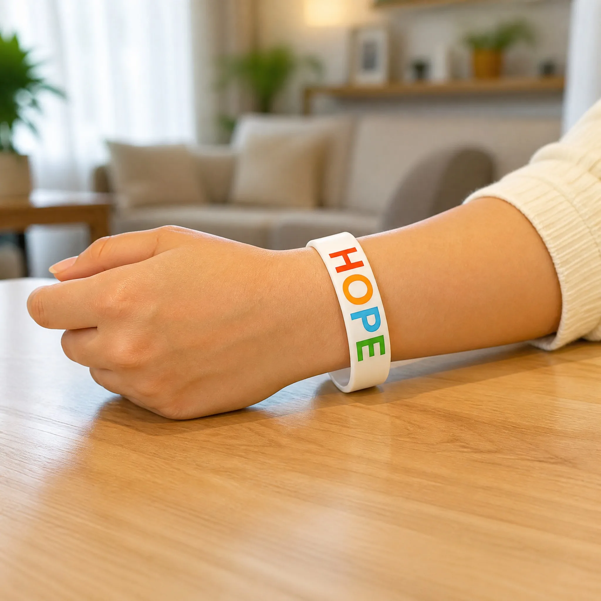 CMYK printed silicone bracelet worn on wrist in daily scene