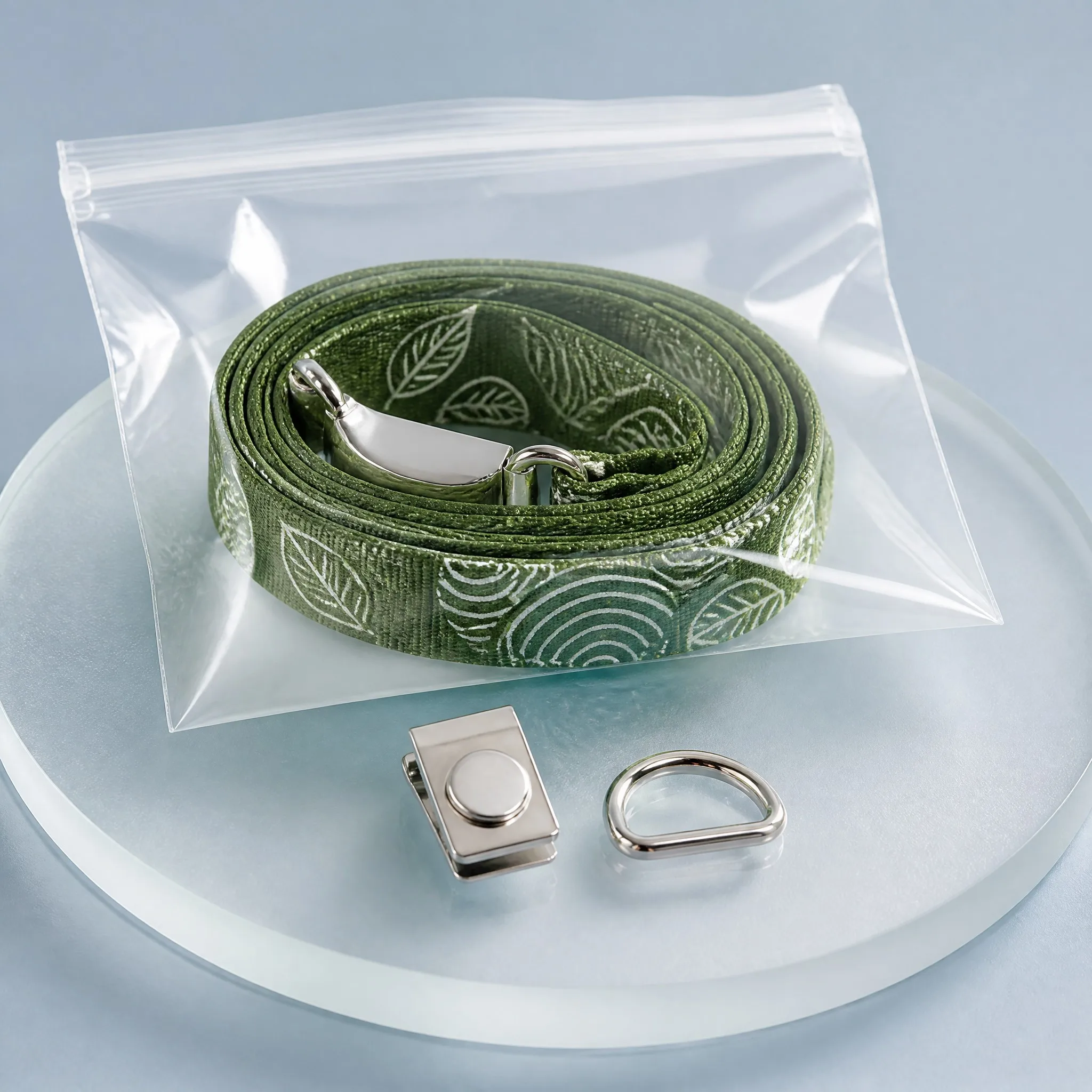 Eco lanyard packed in transparent OPP bag with spare magnetic clip and D-ring