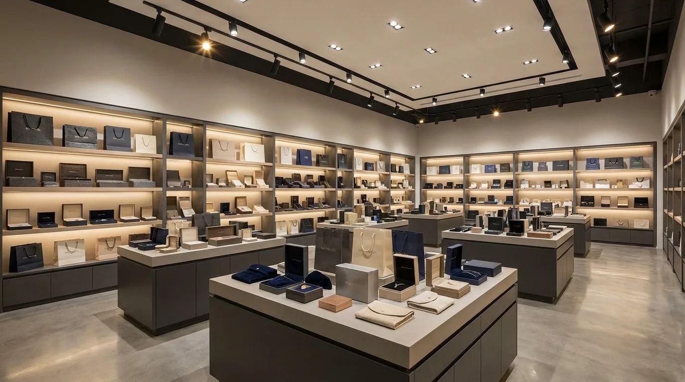 A world-class jewelry packaging showroom featuring hundreds of custom rigid boxes and pouches.
