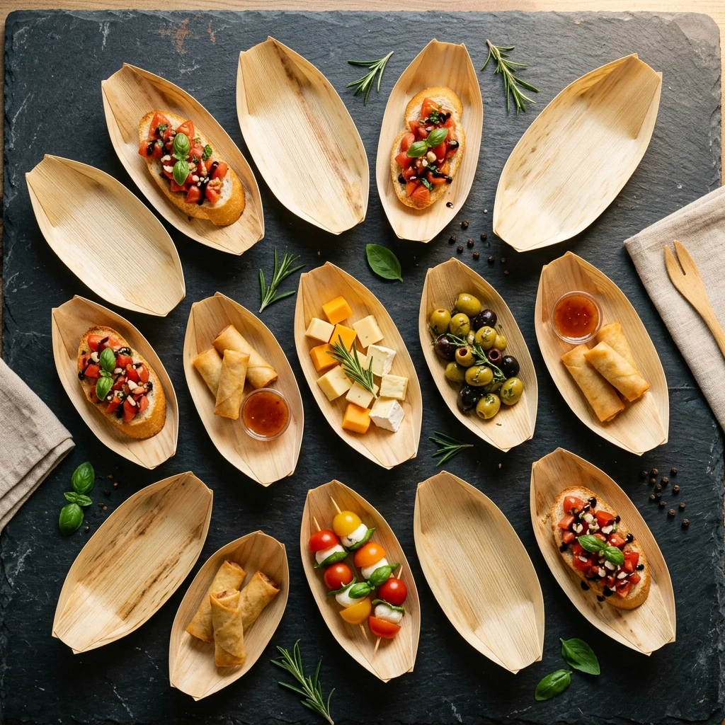 Natural bamboo leaf food boats arranged with bruschetta spring rolls olives and cherry tomatoes flat-lay on dark slate