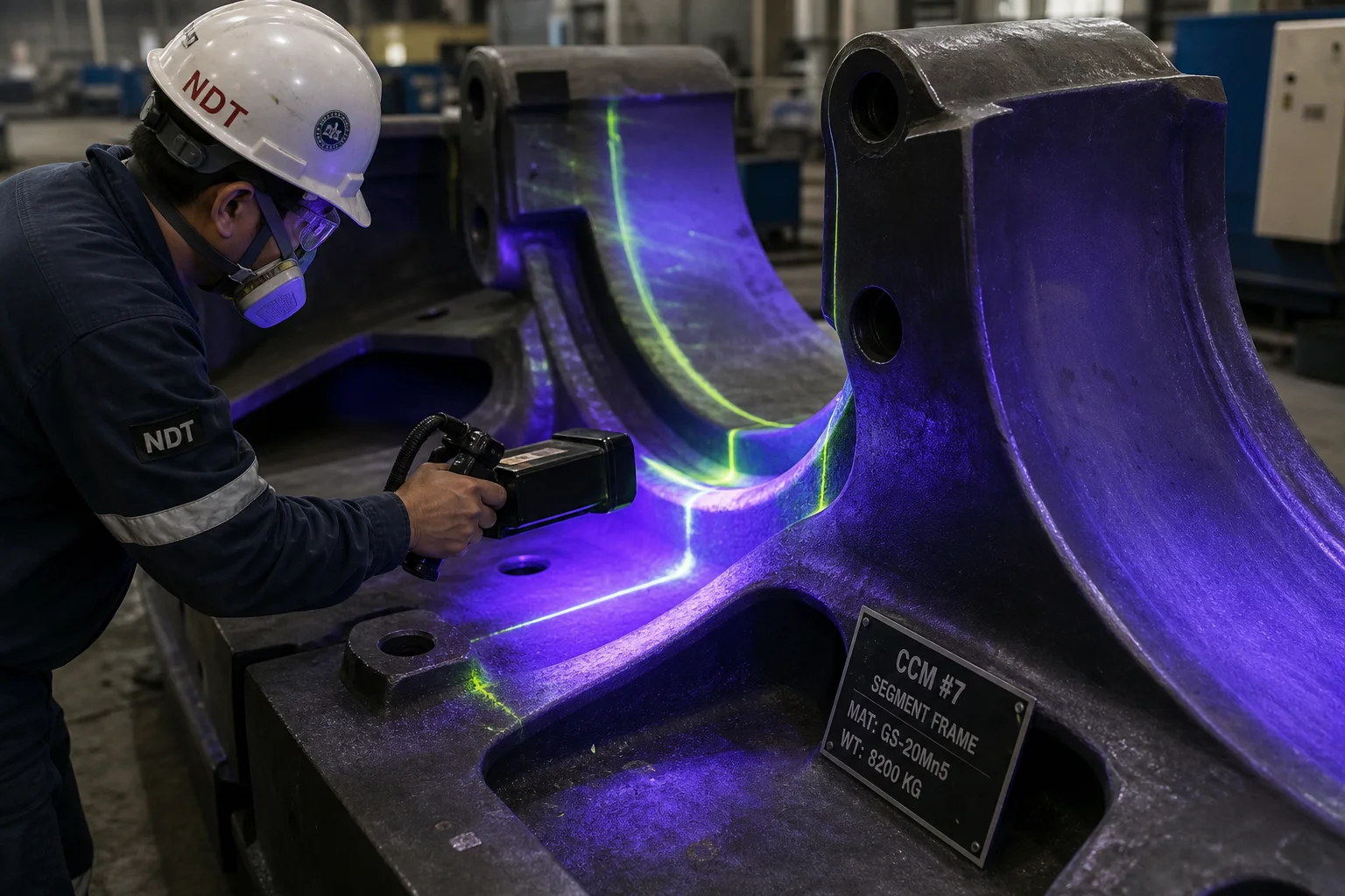 Quality inspector conducting fluorescent magnetic particle inspection MT on CCM segment fillets