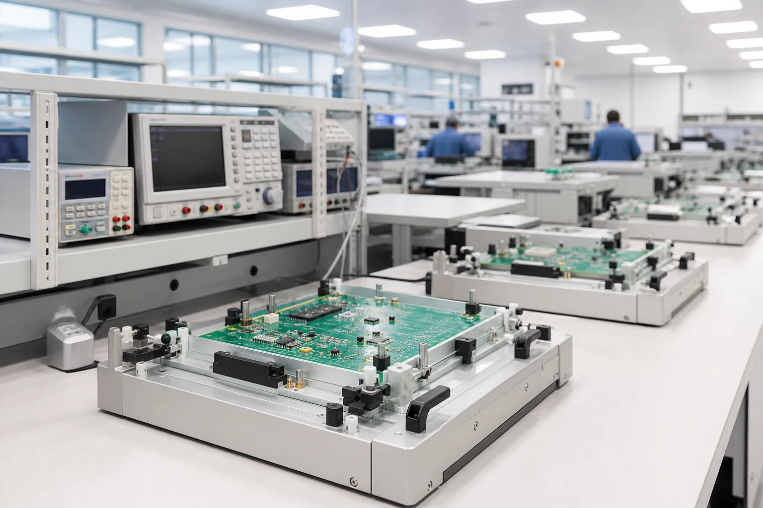 Electronics test laboratory with PCB assemblies in fixtures