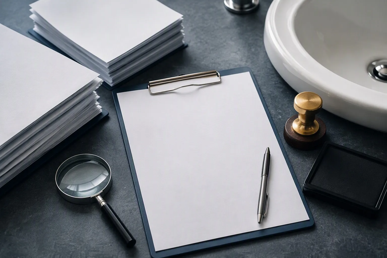 Compliance review desk with certification document folders, a blank checklist, stamp and magnifier, and a white ceramic basin sample