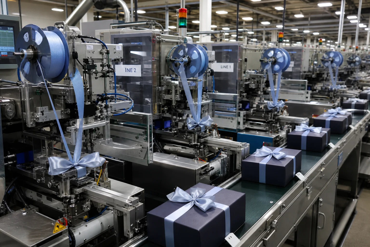 High-speed automated gift packaging line with ribbon bow machines feeding ribbon at production speed with finished gift boxes on conveyor