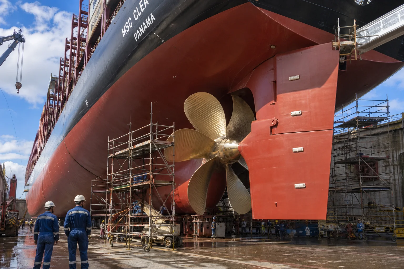 Massive ocean container cargo ship in shipyard drydock showing cast bronze propeller and rudder