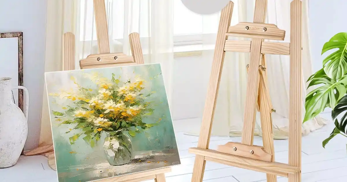 Wooden artist easel with a canvas in place, standing easel set up in a studio