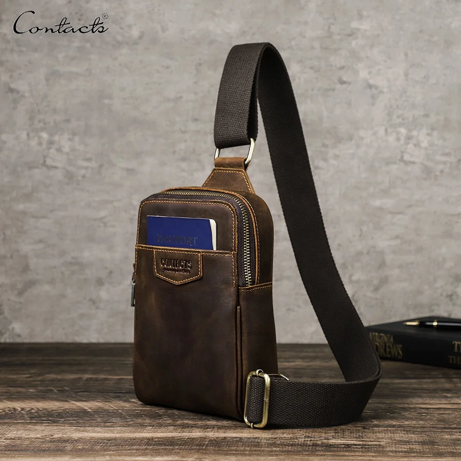 Contact's Vintage Mens Crazy Horse Leather Sling Bag Casual Small Crossbody Chest Phone Bag for Men 6.7 Inch Phone