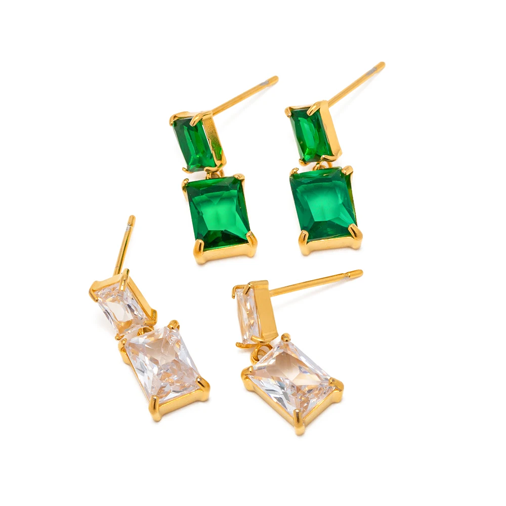 

18K Gold Plated Stainless Steel Pendant Earring Square Big Size Clear Green Zircon Inlaid Drop Earring