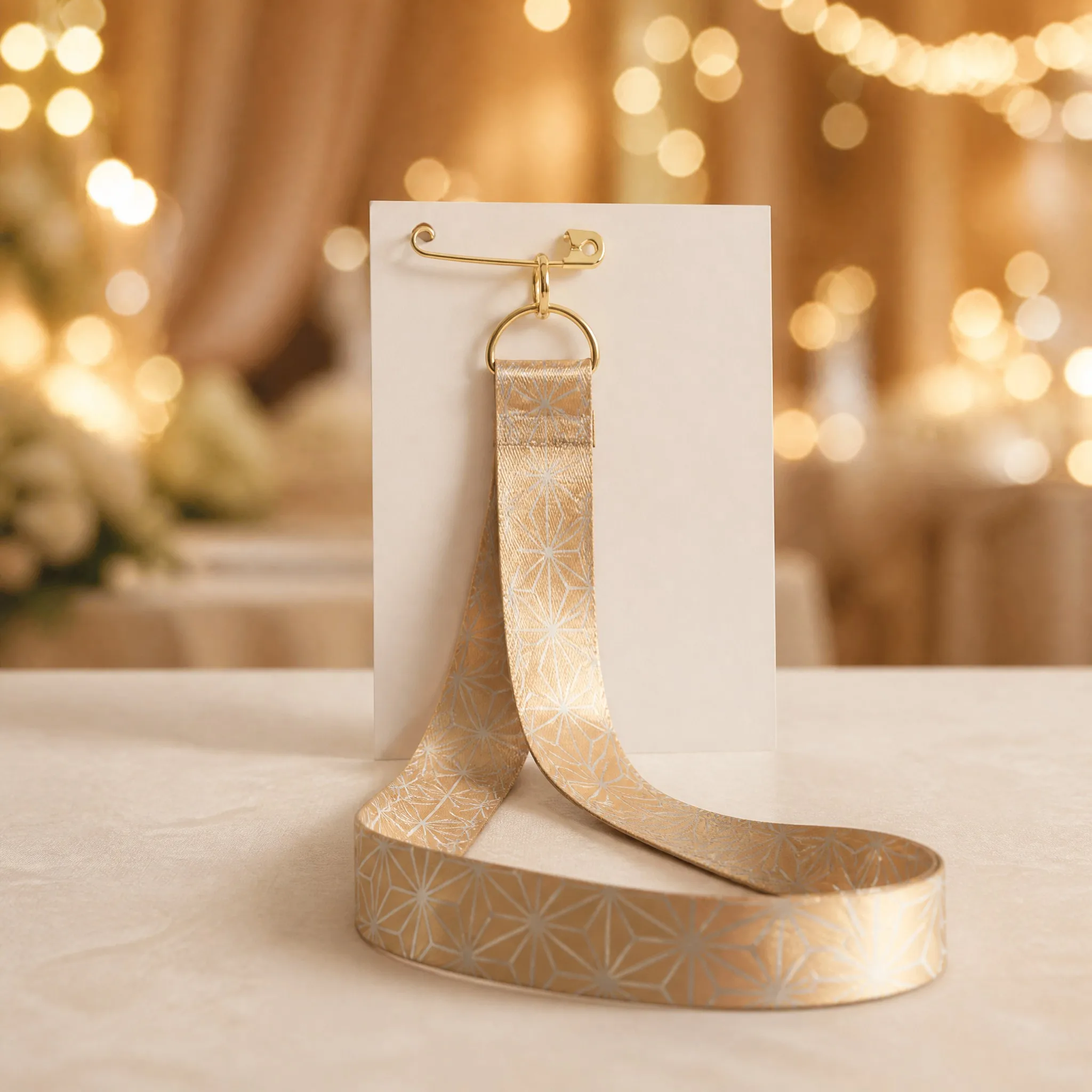 Satin lanyard with safety pin attached to a card at an elegant wedding reception