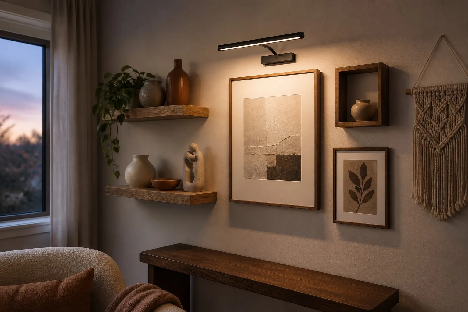 Seediq wireless picture light lighting a 3D gallery wall with shelves, ceramics and layered art