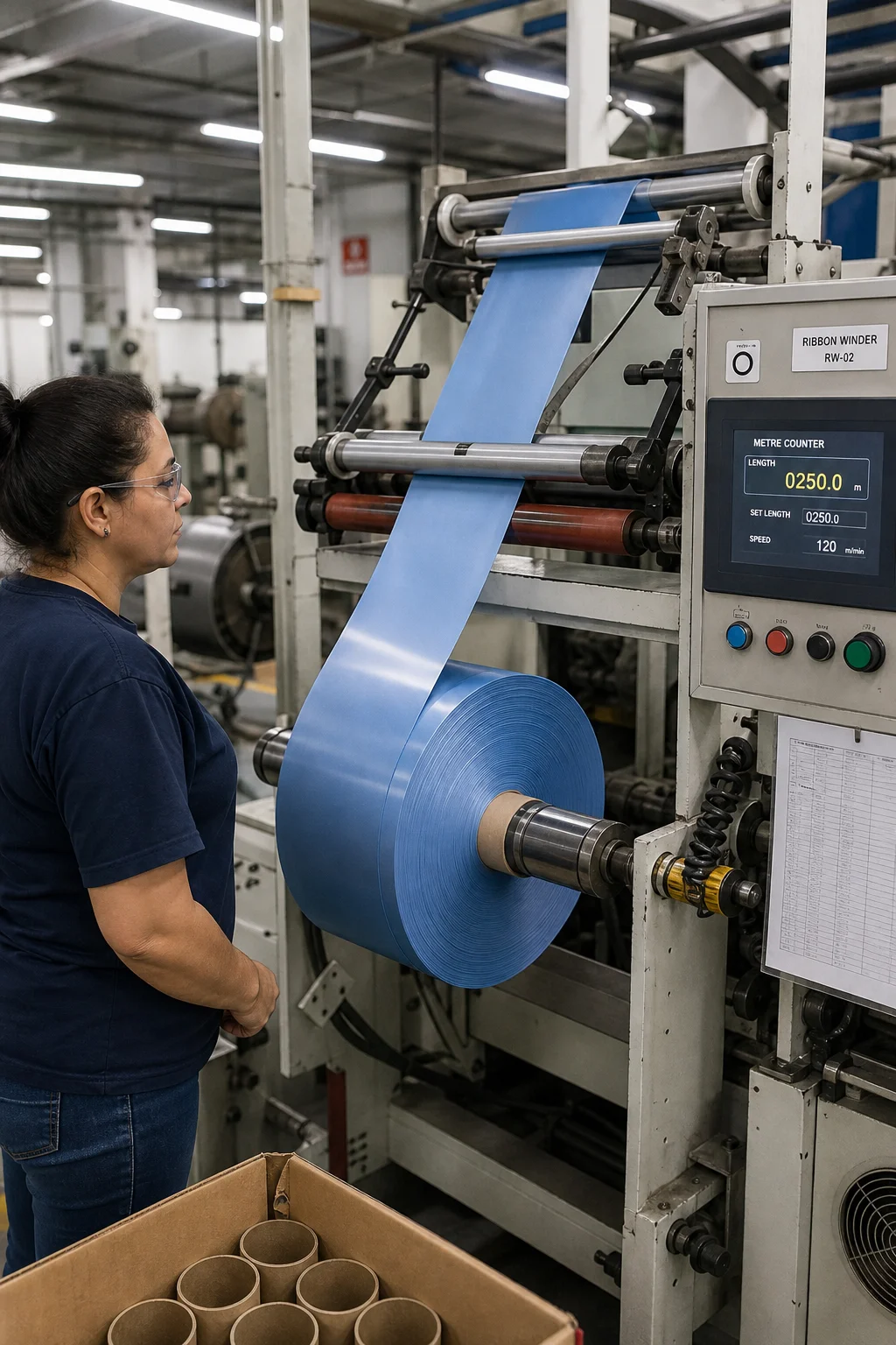 Ribbon winding machine with digital metre counter controlling precise roll length during production