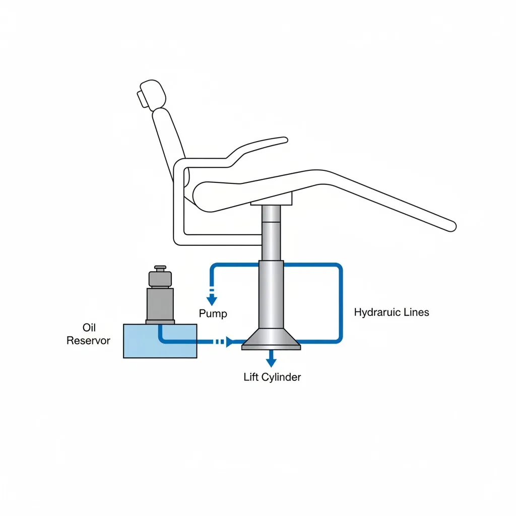 SYRJ Medical hydraulic dental chair system diagram showing pump reservoir cylinder and hydraulic lines