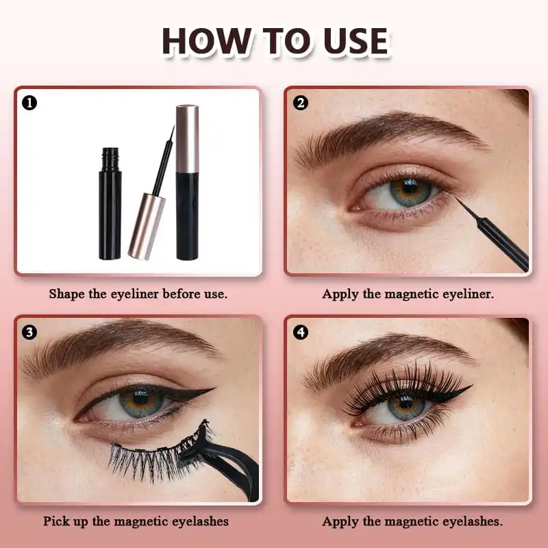Magnetic lash kit how to use instruction card with four numbered steps showing shaping the eyeliner, applying the magnetic eyeliner, picking up the lashes and applying them - magnetic lash application guide