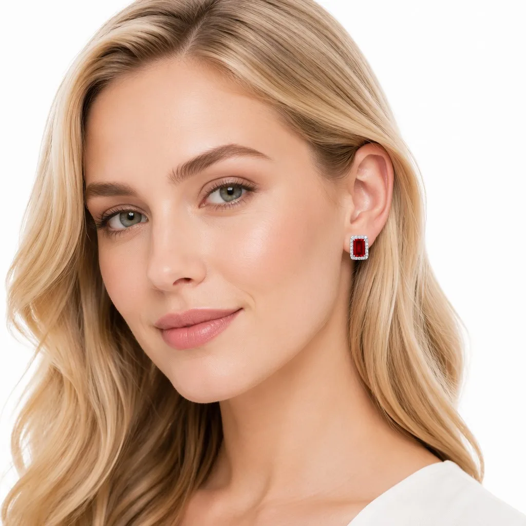 Red Emerald Cut Silver 925 Stud Earrings Halo Claw Setting Fine Jewelry for Women Engagement Gift Party Wedding