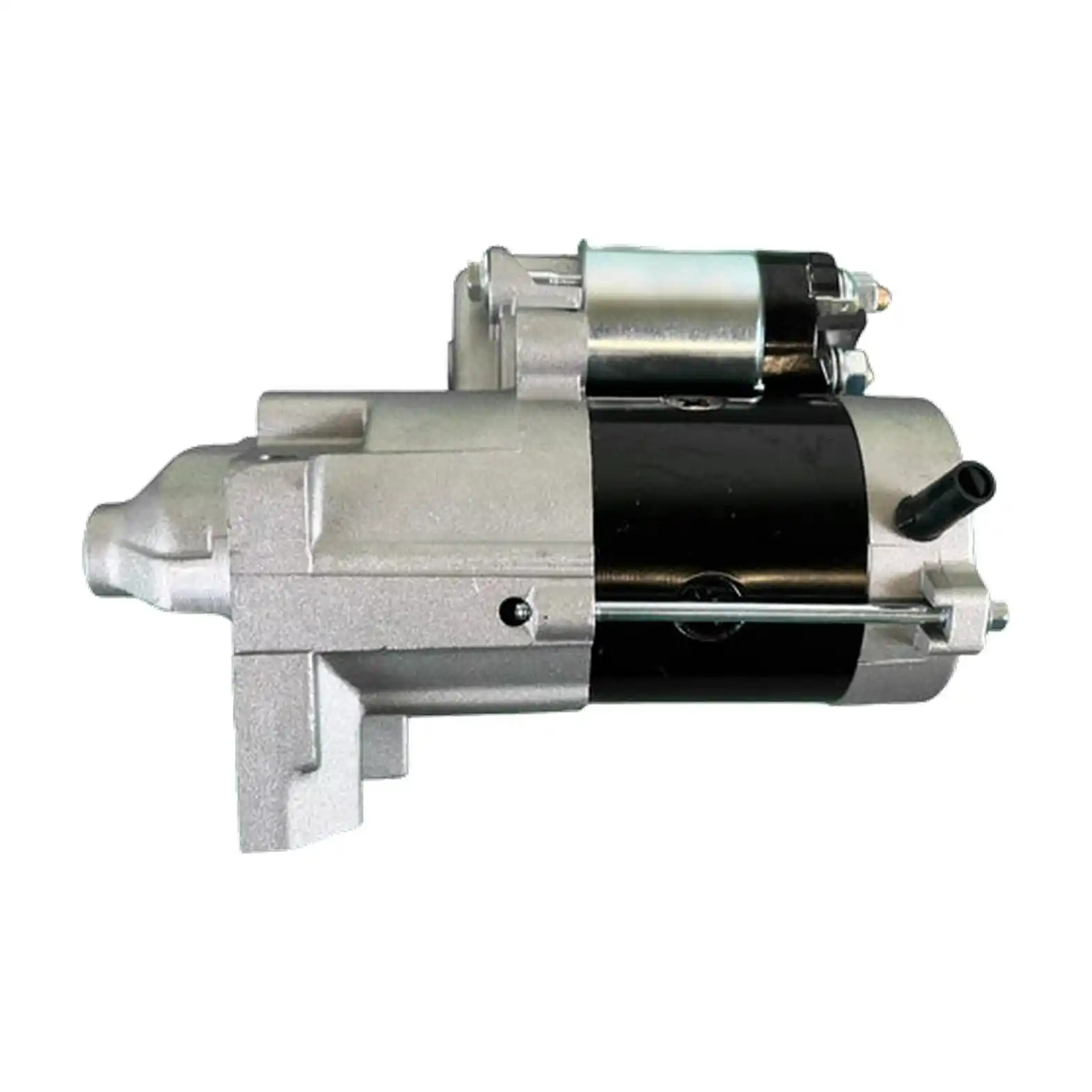 Side profile of the starter motor showing its housing and attached solenoid