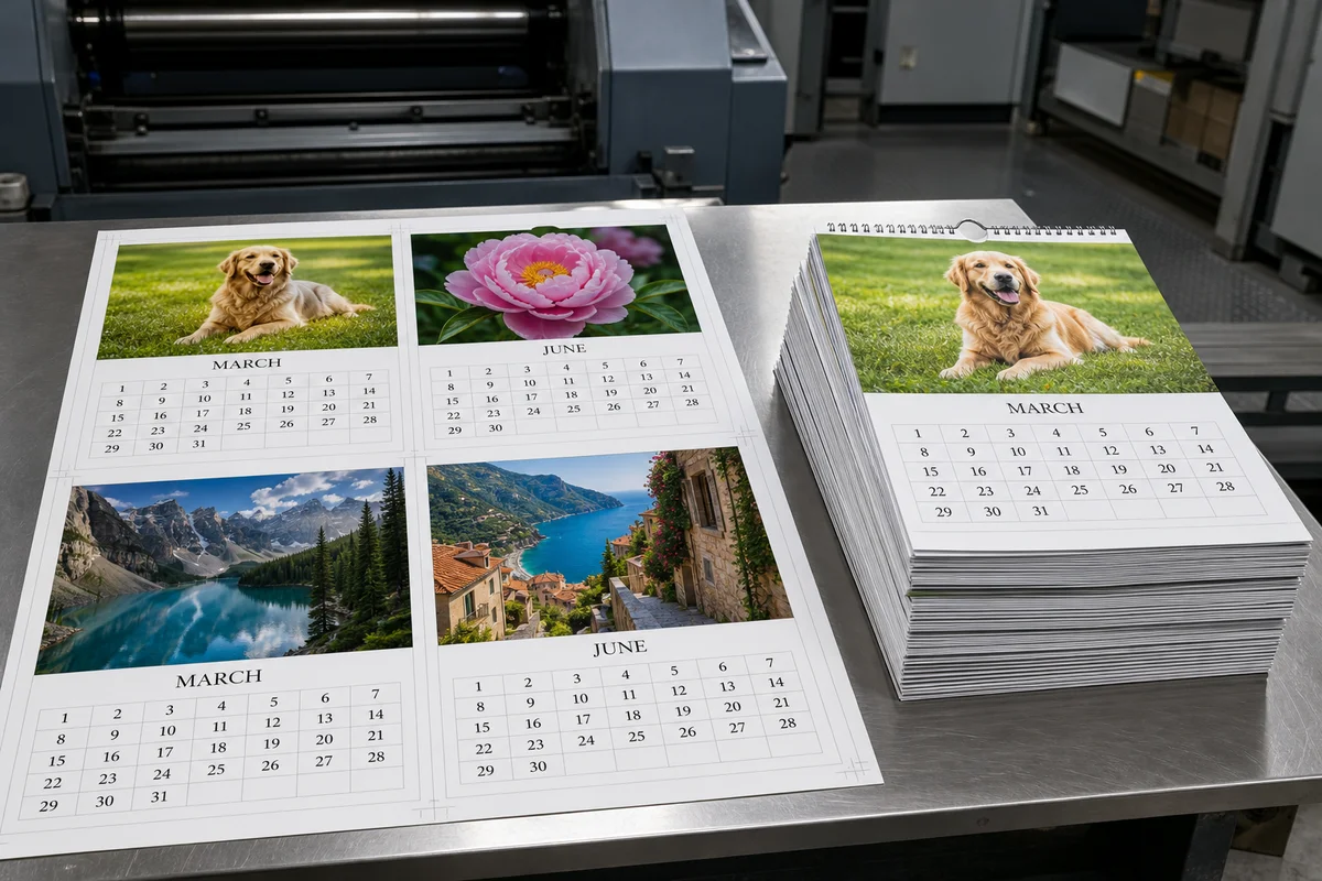 Wall Calendar Imposition on Press Wall calendar press sheet with four March and June pages imposed for printing