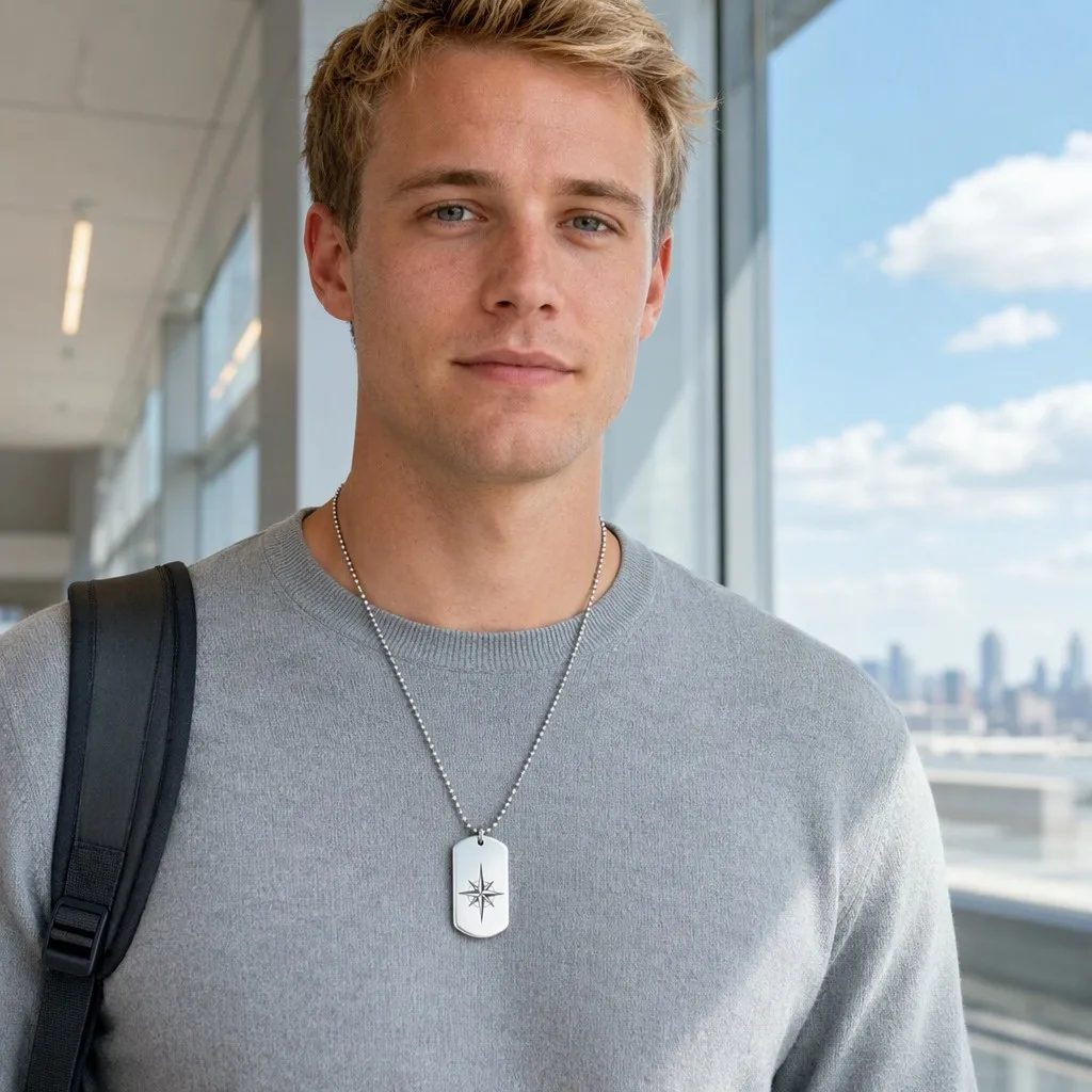 Compass engraved dog tag necklace at the airport