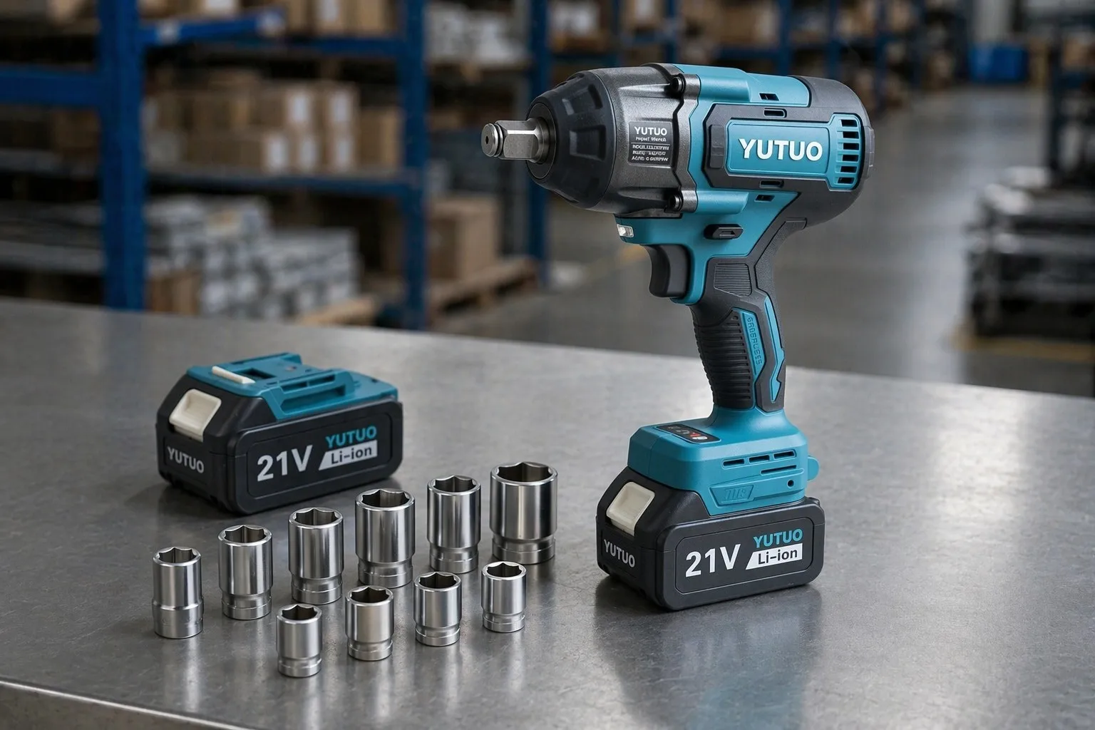 YUTUO 21V Impact Wrench Product Shot YUTUO cordless impact wrench with battery pack and socket set on workbench for B2B catalog