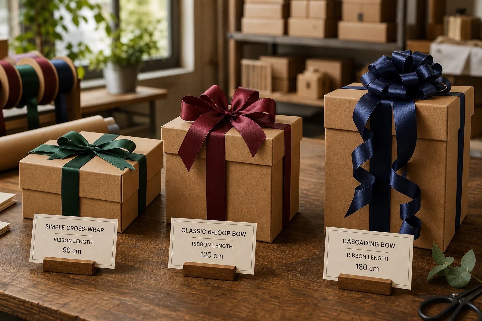 Gift boxes showing different ribbon bow styles with labels indicating ribbon length used per style