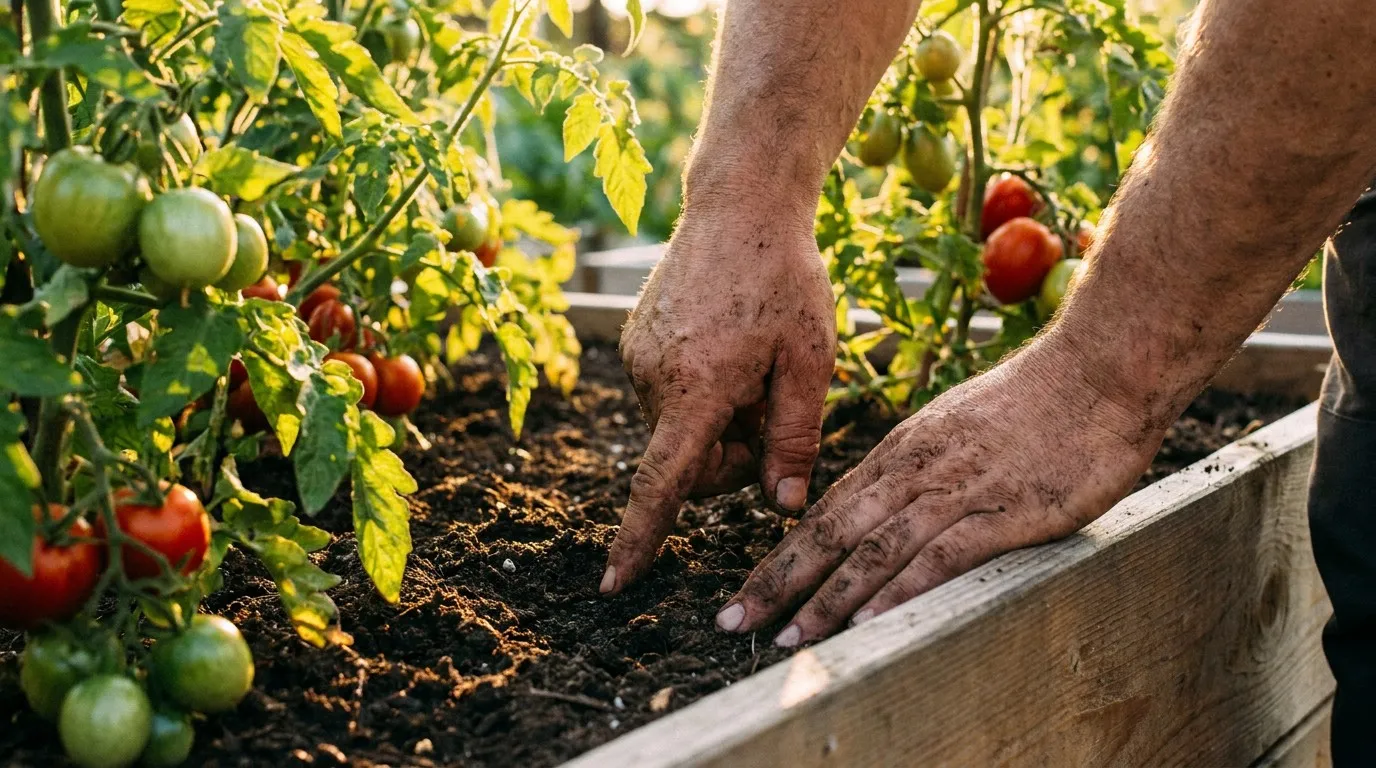 Checking soil moisture in tomato garden
