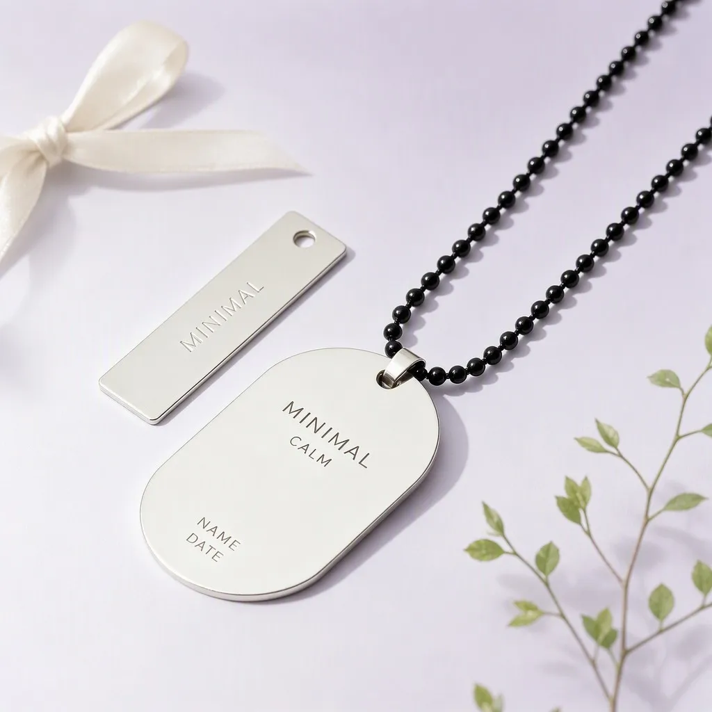 Minimal silver dog tag pair on lavender studio backdrop