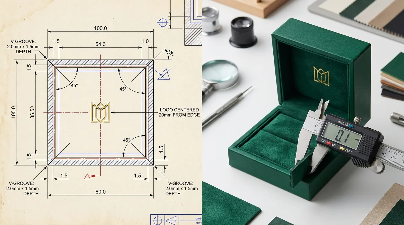 Macro view of a technical CAD blueprint next to a finished emerald green jewelry box with a digital caliper.