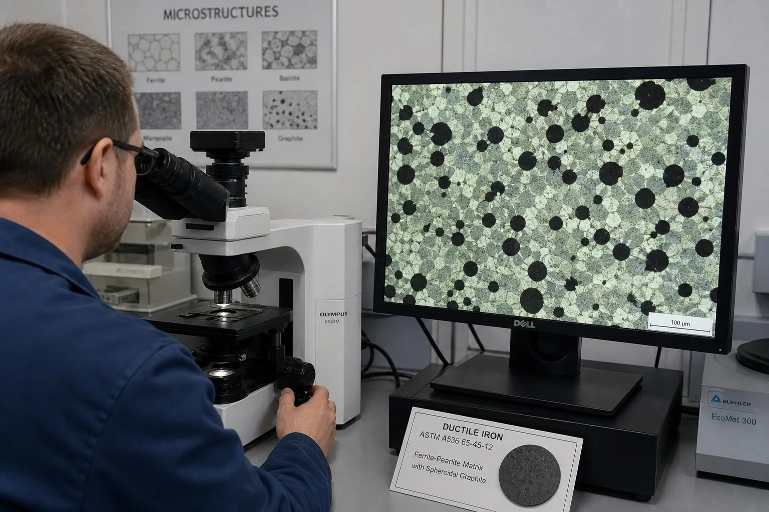 Metallurgist examining ductile iron microstructure with spheroidal graphite under microscope