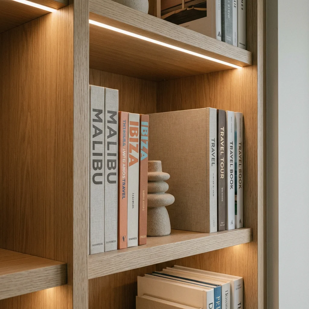 Helba travel-themed books on a modern shelf