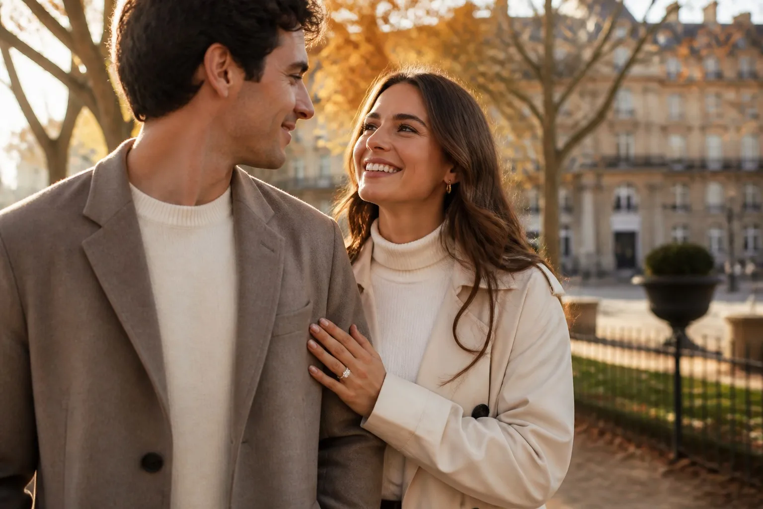 Couple planning a fall engagement with a 2-carat oval lab-grown diamond ring