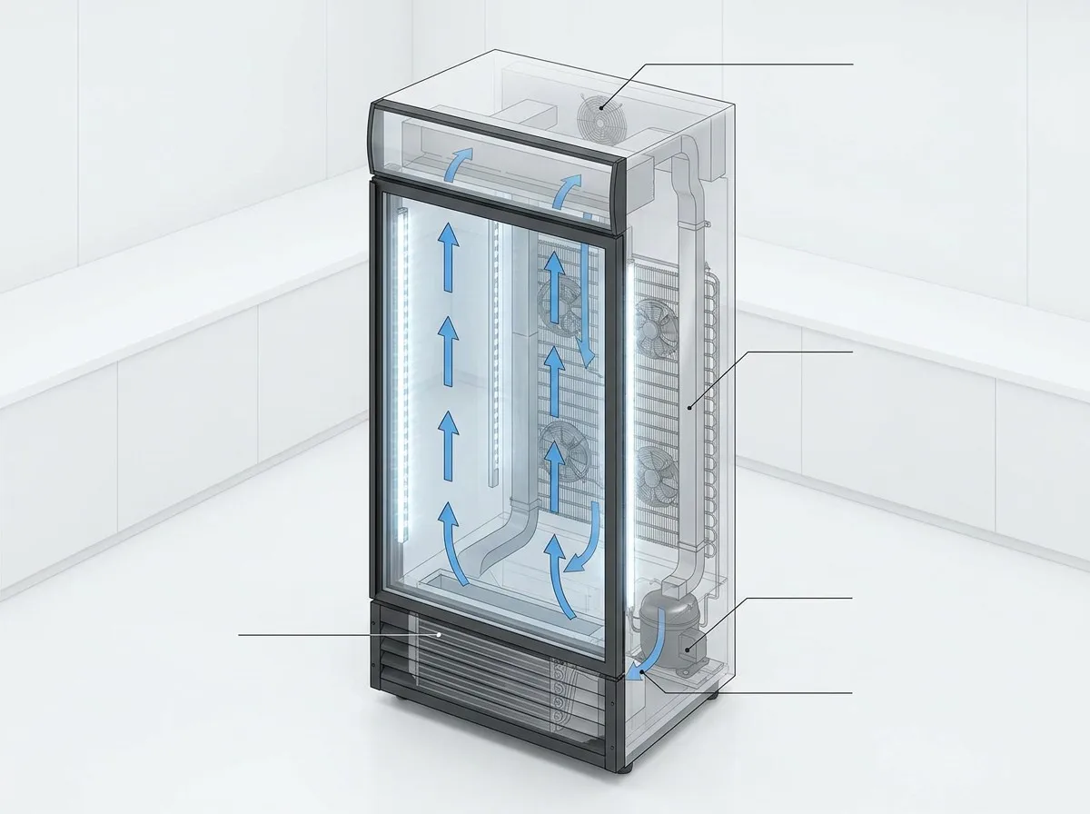 3D diagram of commercial display fridge air circulation and LED lighting