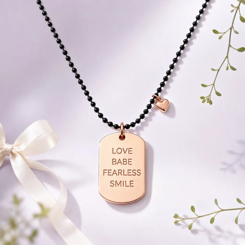 Rose gold dog tag with heart charm on lavender studio backdrop