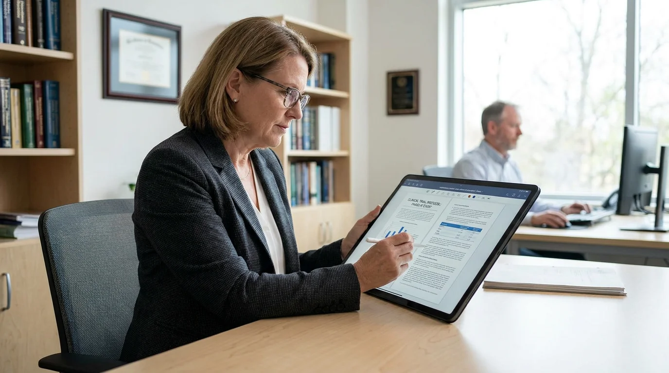 Researcher reviewing multi-center trial protocol